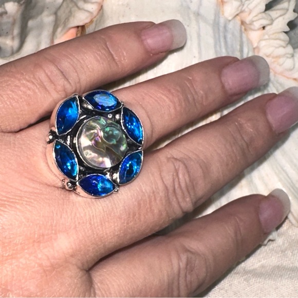 Blue Topaz + Abalone multi-gem Natural Gemstone ring - Picture 3 of 9